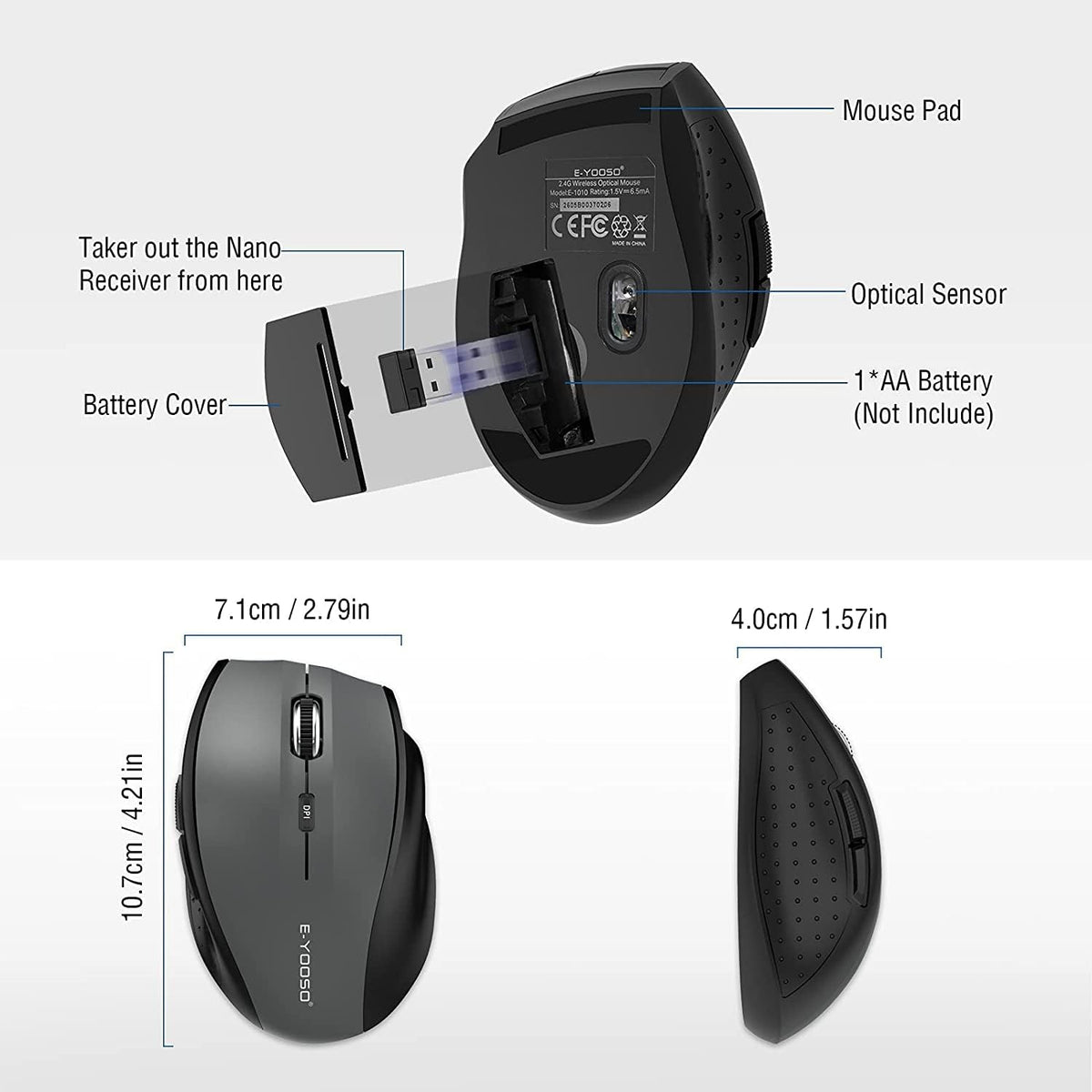 Wireless Mouse for Laptop, Portable Optical Computer Mouse, 6 Buttons, Cordless 2.4Ghz with USB Receiver, 5-Level 4800 DPI, 18 Months Battery Life for PC Chromebook Windows Mac